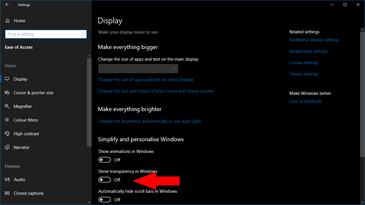Screenshot of disabling Fluent Design transparency in Windows 10