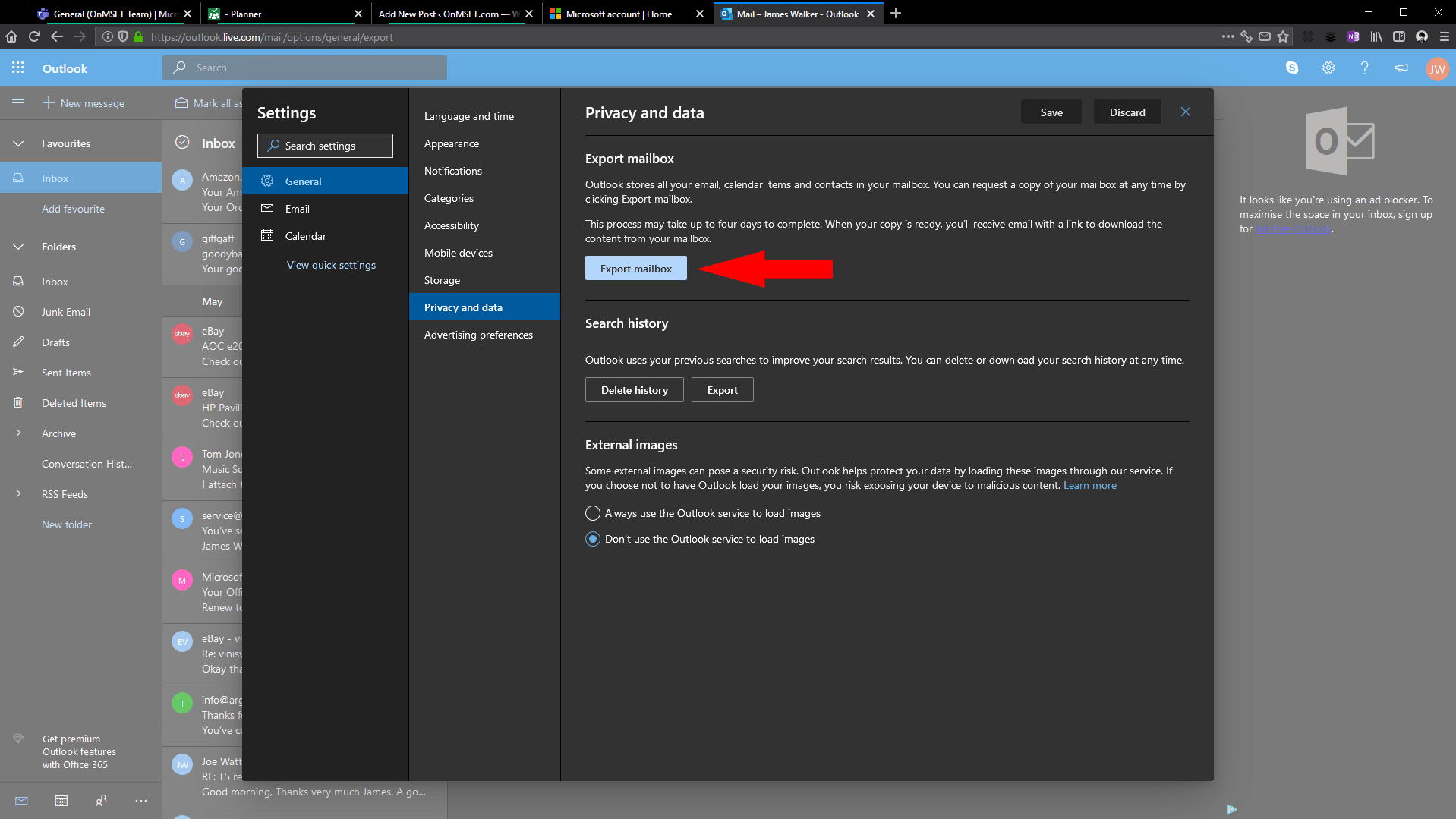 Screenshot of exporting email from Outlook.com