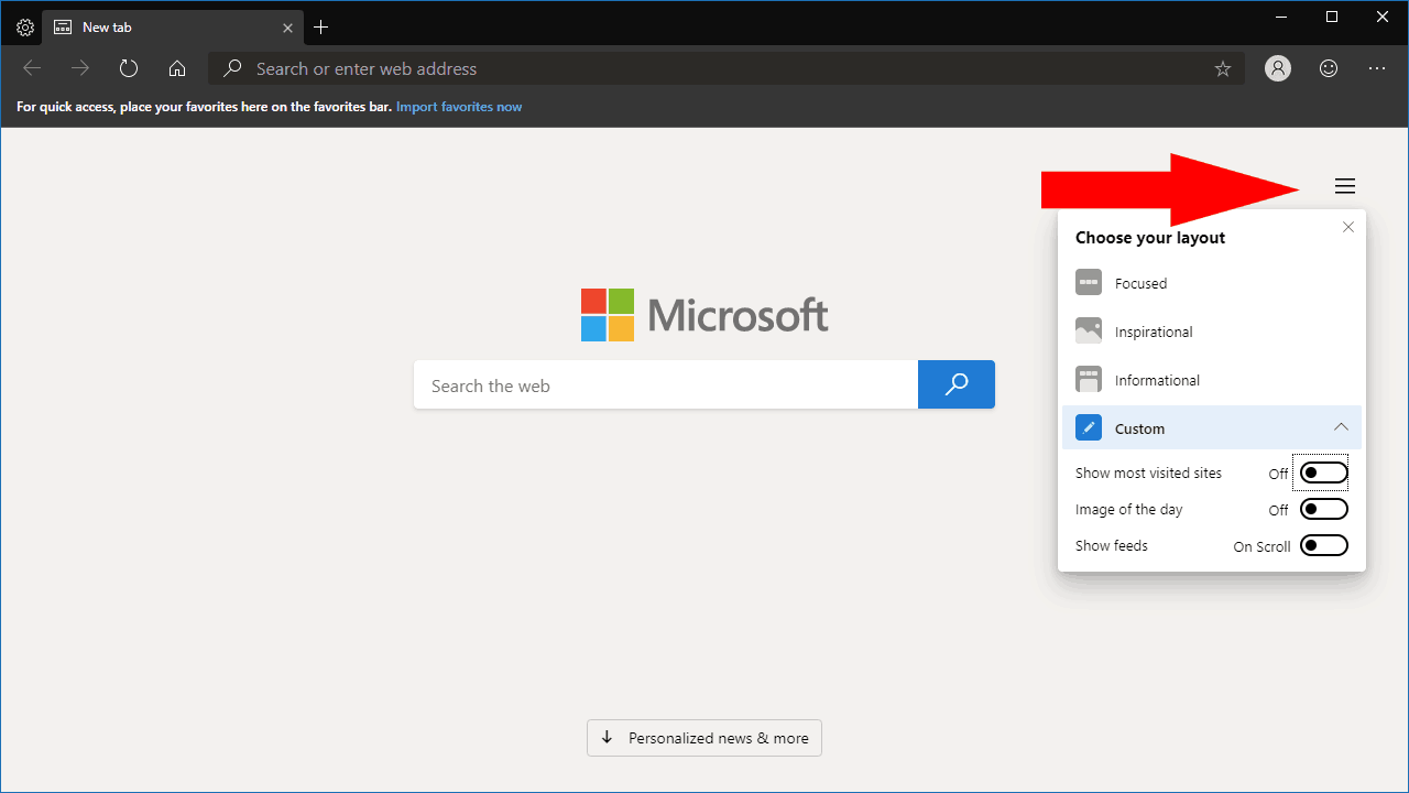 New tab page customisation in Microsoft Edge Insider