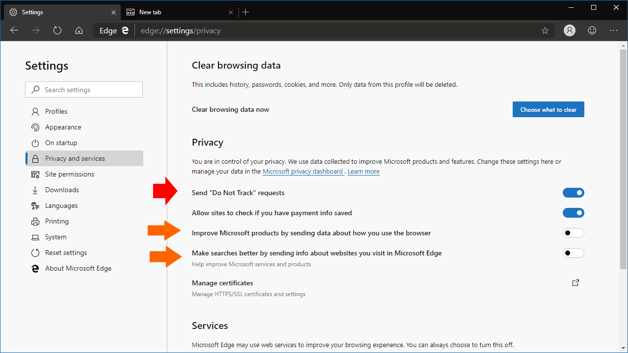Microsoft Edge privacy settings