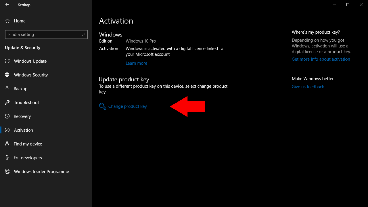 Screenshot of changing product key in Windows 10