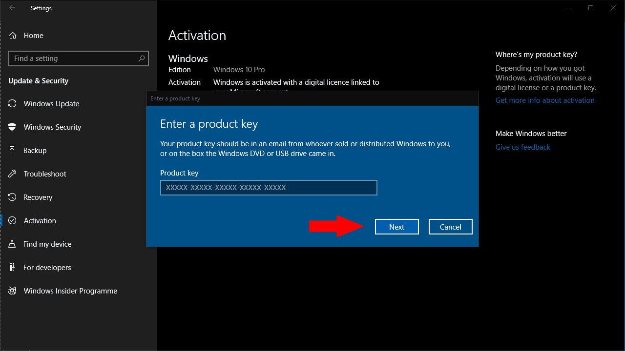 Screenshot of changing product key in Windows 10