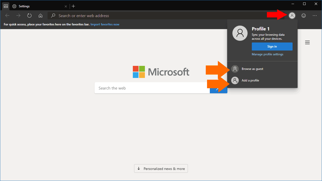 Screenshot of profiles in Microsoft Edge Insider