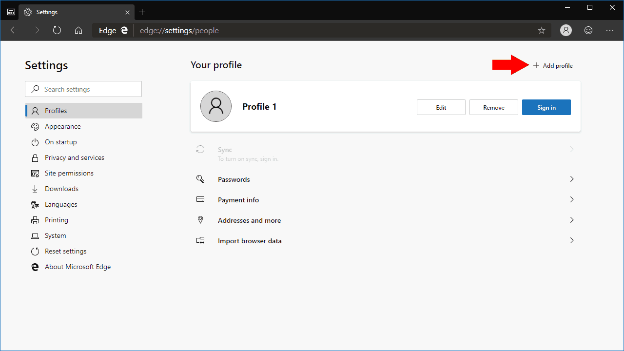 Screenshot of profiles in Microsoft Edge Insider