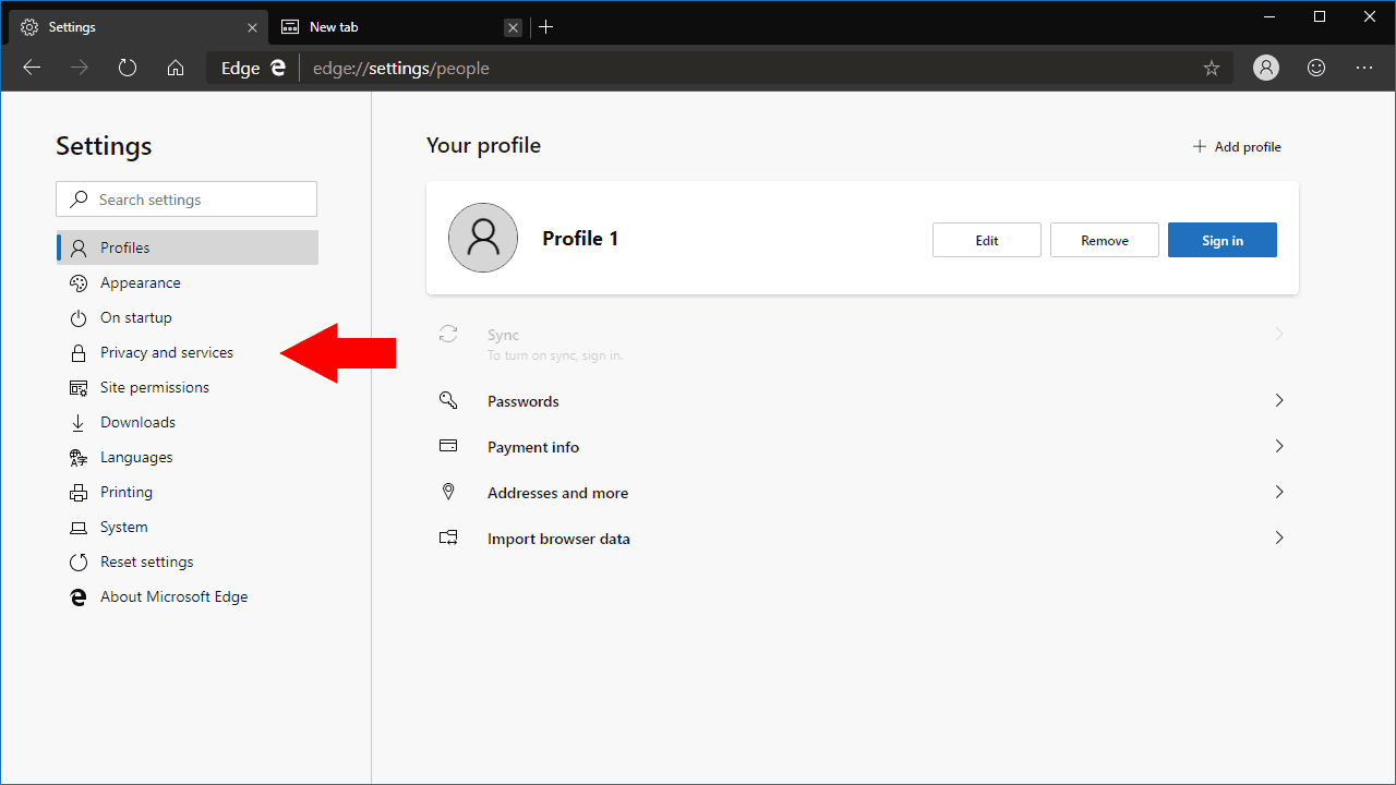 Settings in Microsoft Edge Dev