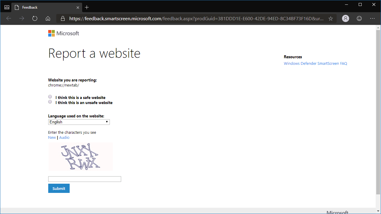 Screenshot of reporting an unsafe site in edge insider