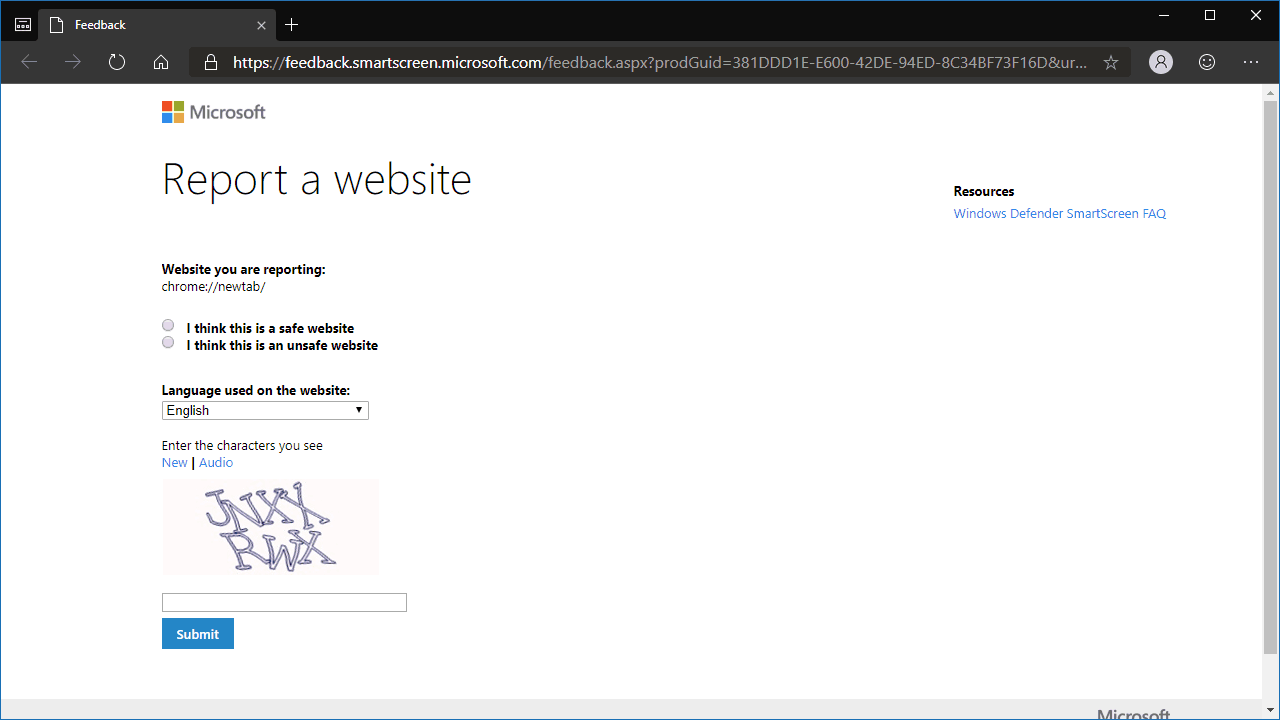 Screenshot of reporting an unsafe site in Edge Insider