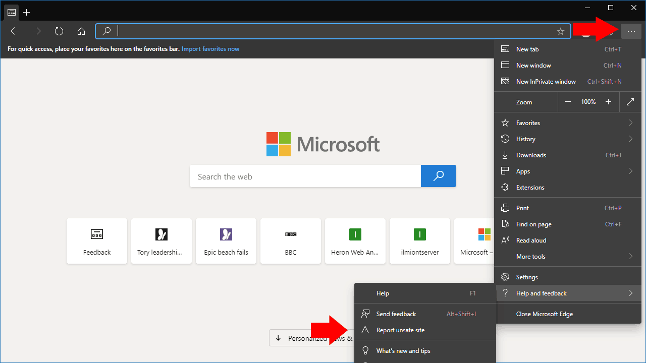 Screenshot of reporting an unsafe site in Edge Insider