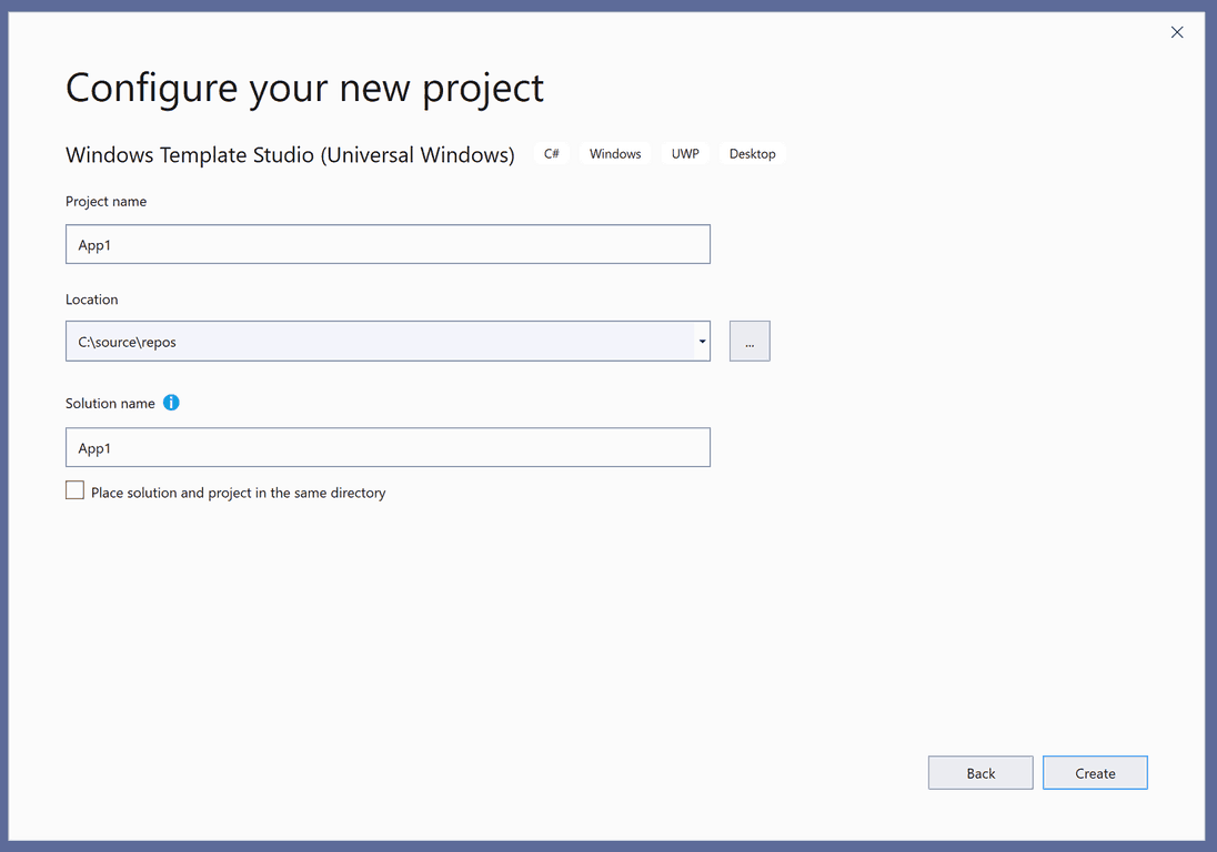 Windows Template Studio Configure New Project