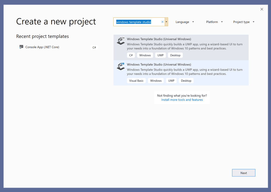 Windows Template Studio Create New Project