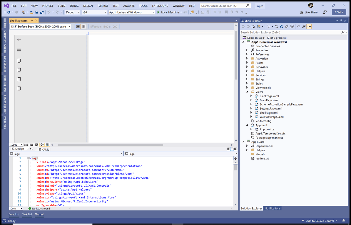 Visual Studio Windows Template Studio Application