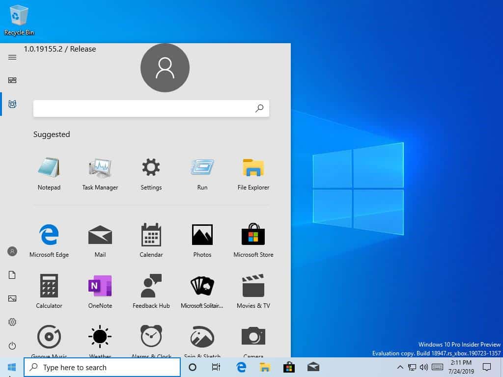 "Accidental" Windows 10 build 18947 includes redesigned Start Menu with no Live Tiles - OnMSFT.com - July 24, 2019