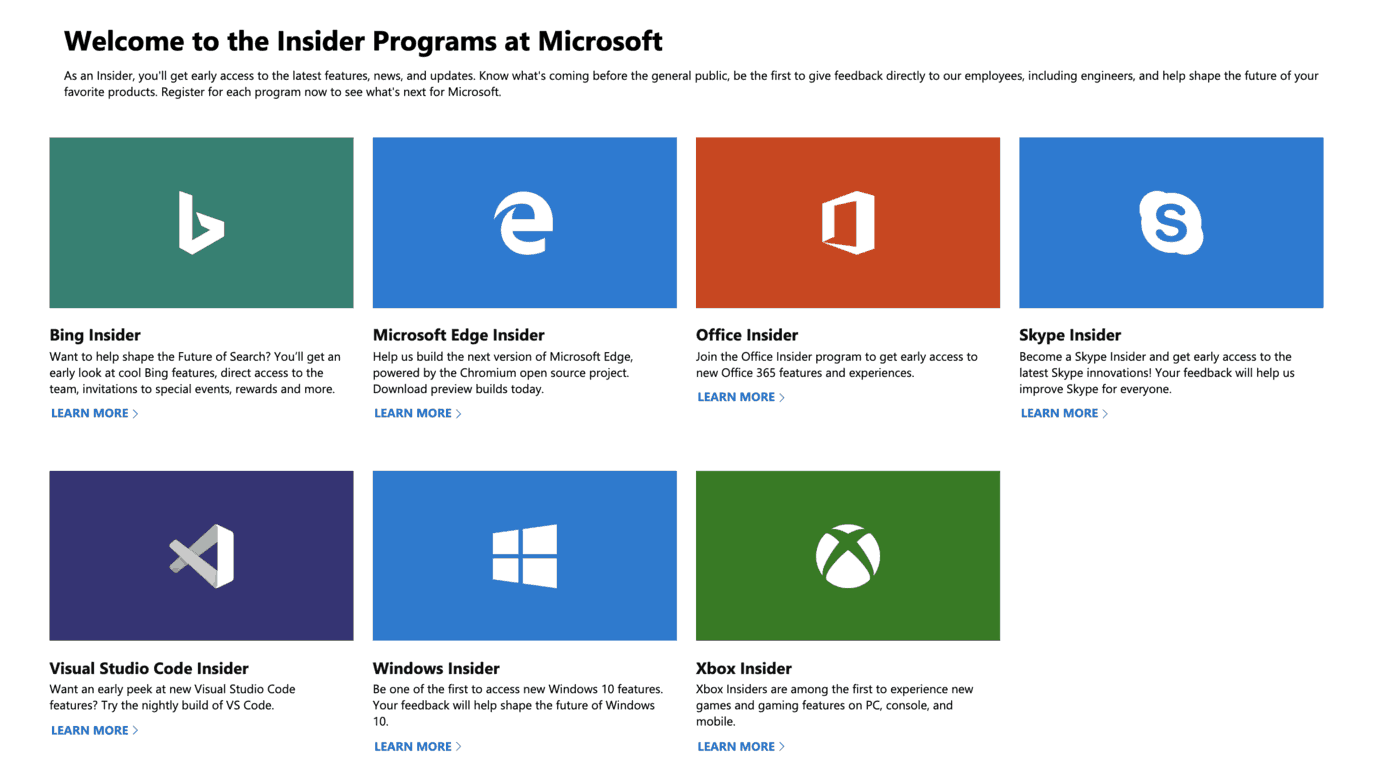 Microsoft provides "one stop shopping" for all Insider programs on this web page - OnMSFT.com - July 2, 2019