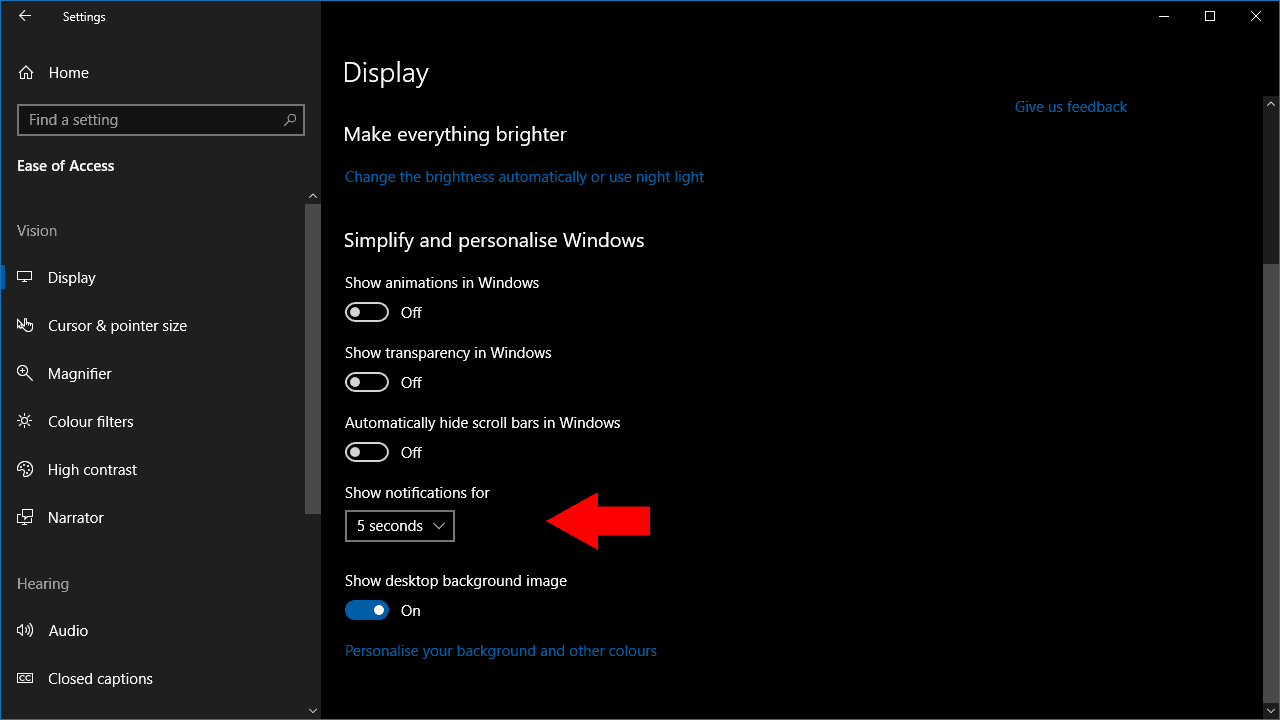 Screenshot of changing Windows 10 notification timeout