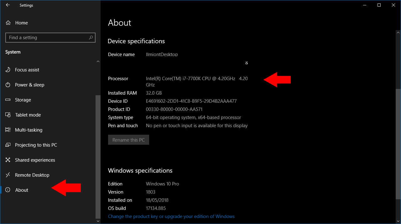 Windows 10 CPU name in Settings app