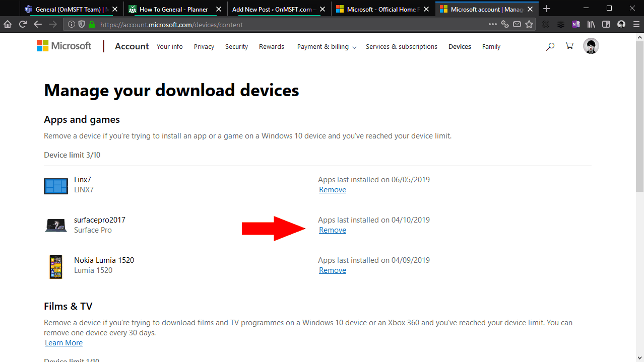 Screenshot of removing a device from Microsoft Store