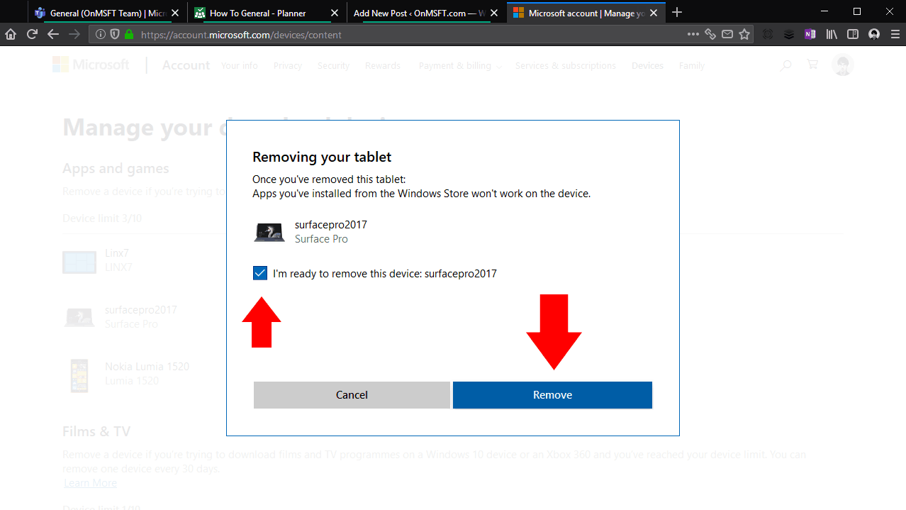 Screenshot of removing a device from Microsoft Store