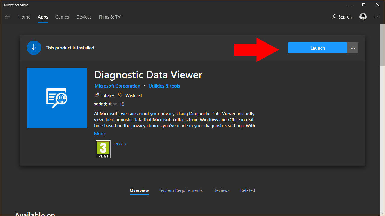 Snímka obrazovky aplikácie Diagnostic Data Viewer pre Windows 10