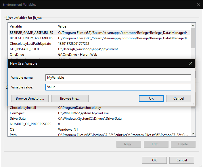 Editing environment variables in Windows 10