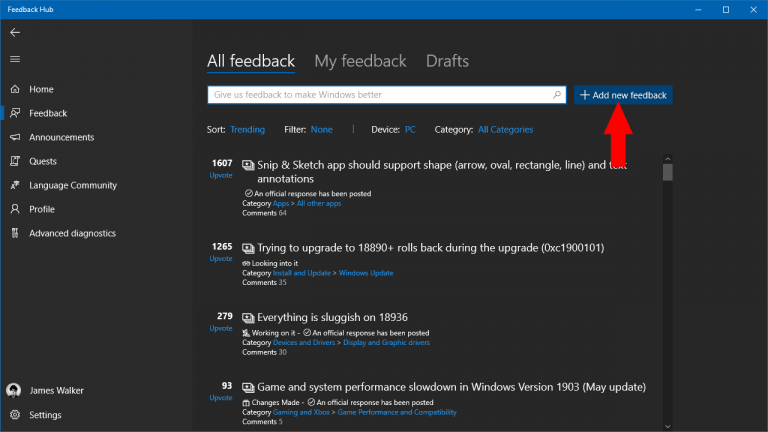 Screenshot of feedback hub in windows 10