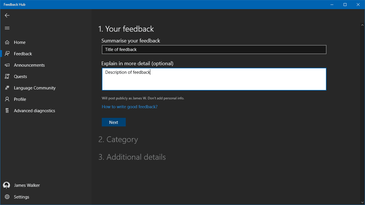 Screenshot of Feedback Hub in Windows 10