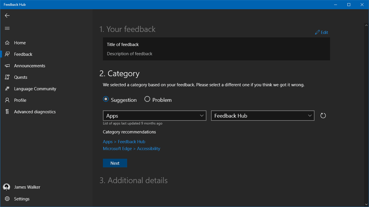 Screenshot of Feedback Hub in Windows 10