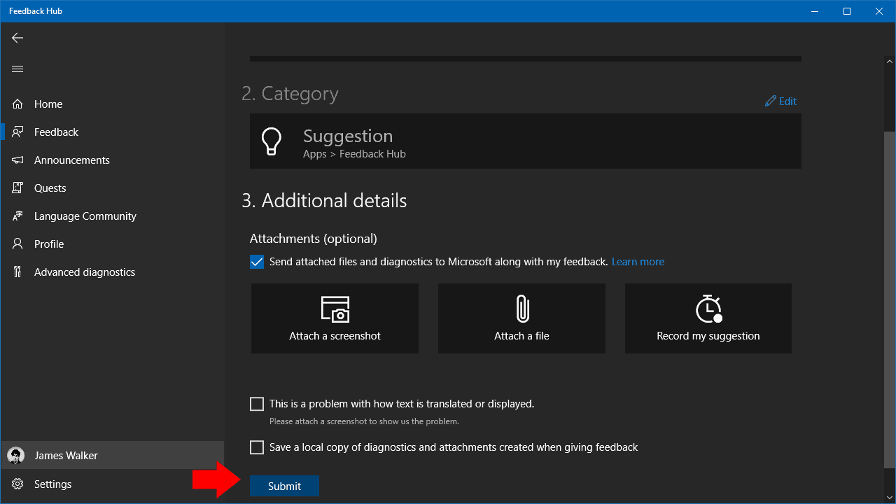 Screenshot of Feedback Hub in Windows 10