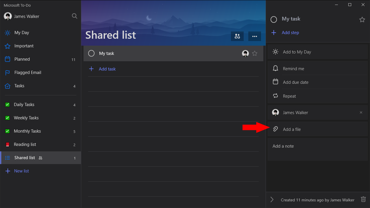 Screenshot of Microsoft To-Do shared lists