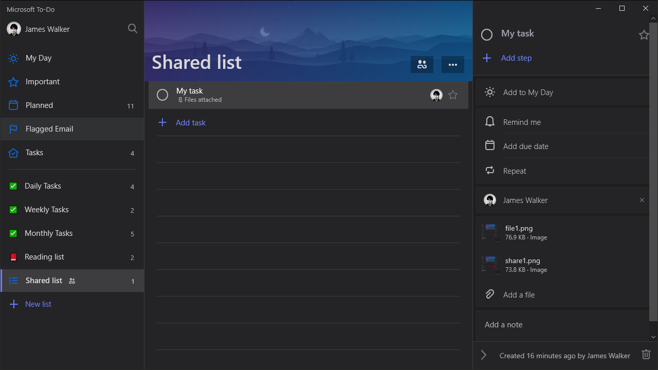 Screenshot of Microsoft To-Do shared lists