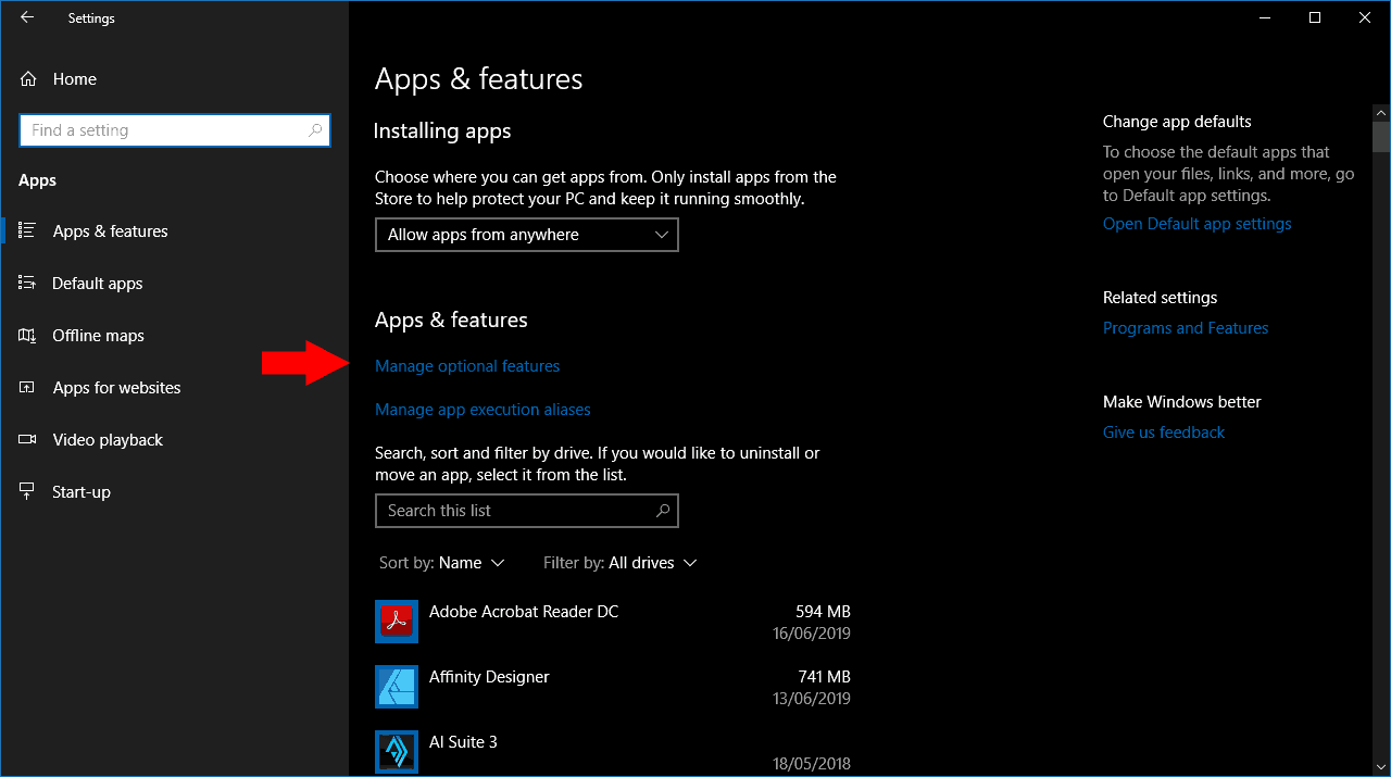 Managing optional features in Windows 10