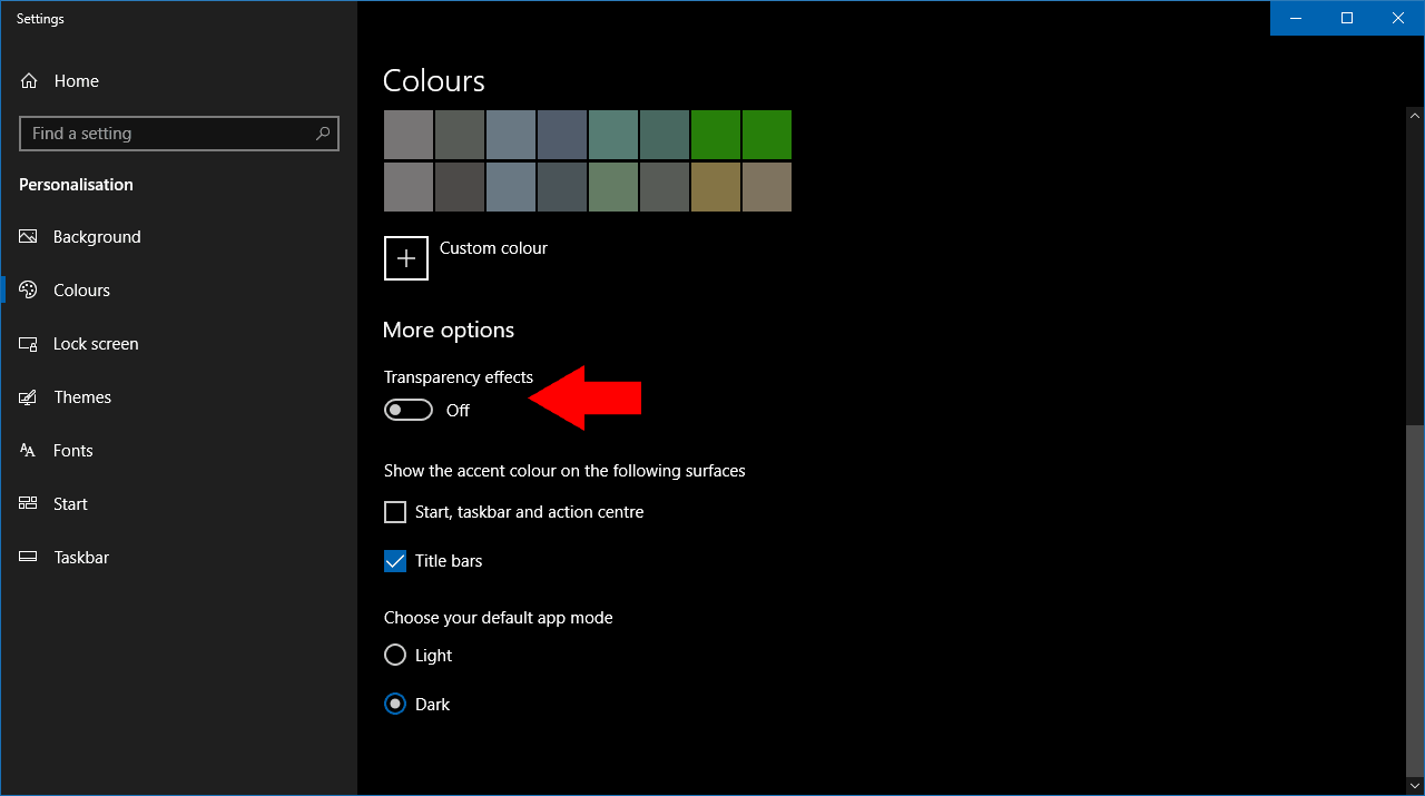 Disabling transparency in Windows 10