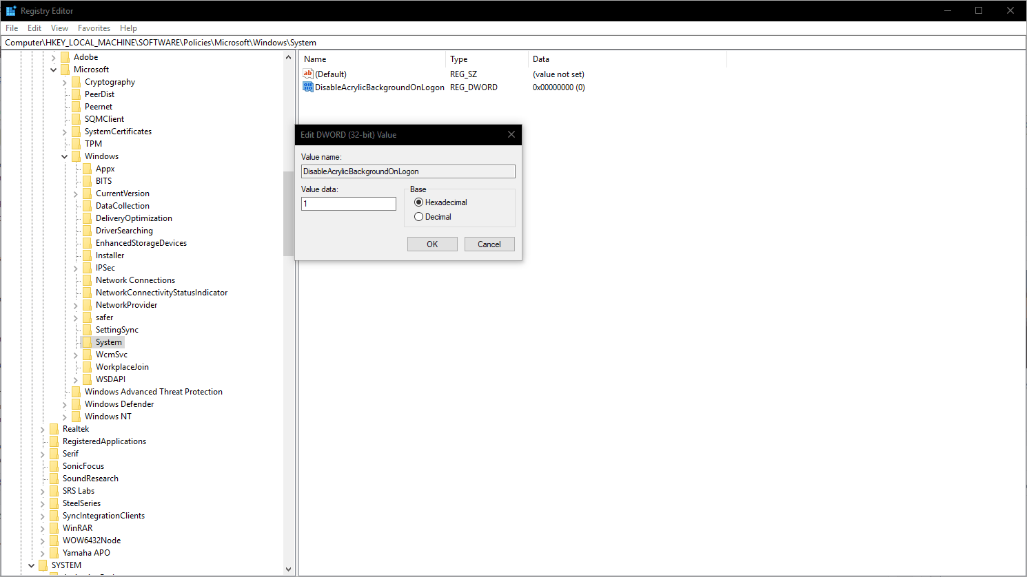 Disabling Fluent Design on login screen via registry in Windows 10