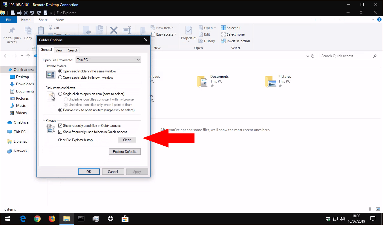 Clearing Quick Access history in Windows 10