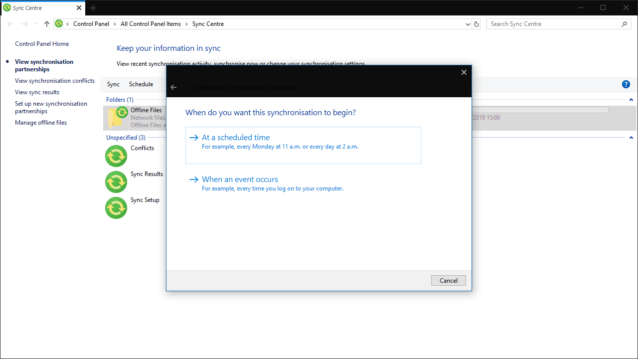 Screenshot of Sync Center in Windows 10