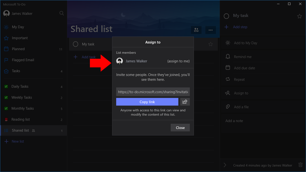 How To Assign Tasks To Users In Microsoft To-Do - Share2 Screenshot of Microsoft To-Do shared lists