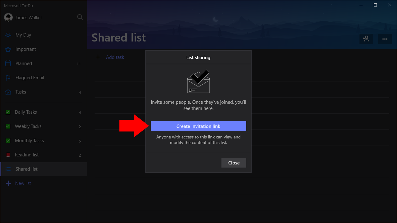 Screenshot of Microsoft To-Do shared lists