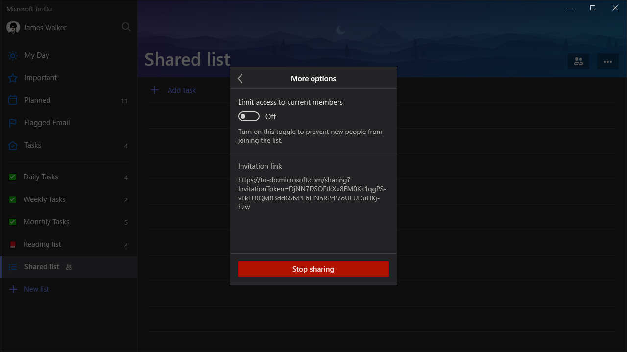 Screenshot of Microsoft To-Do shared lists