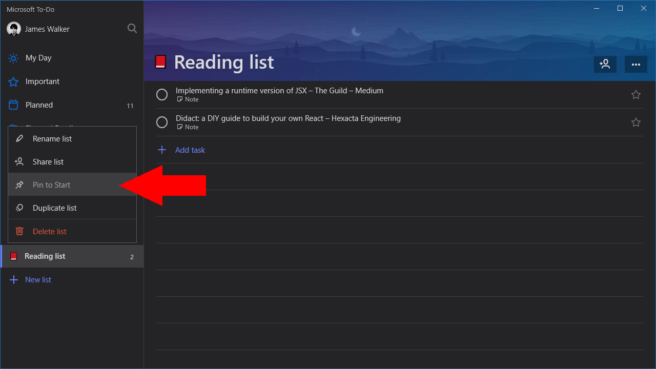 Pinning a list live tile to Start in Microsoft To-Do