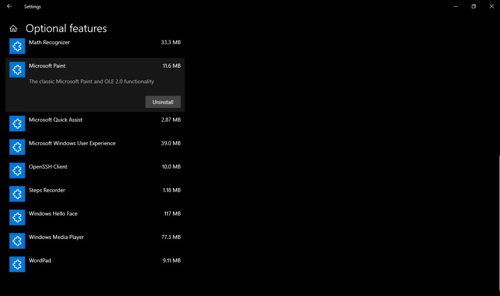 Paint and WordPad both appear as removable optional features in latest Windows 10 Insider build