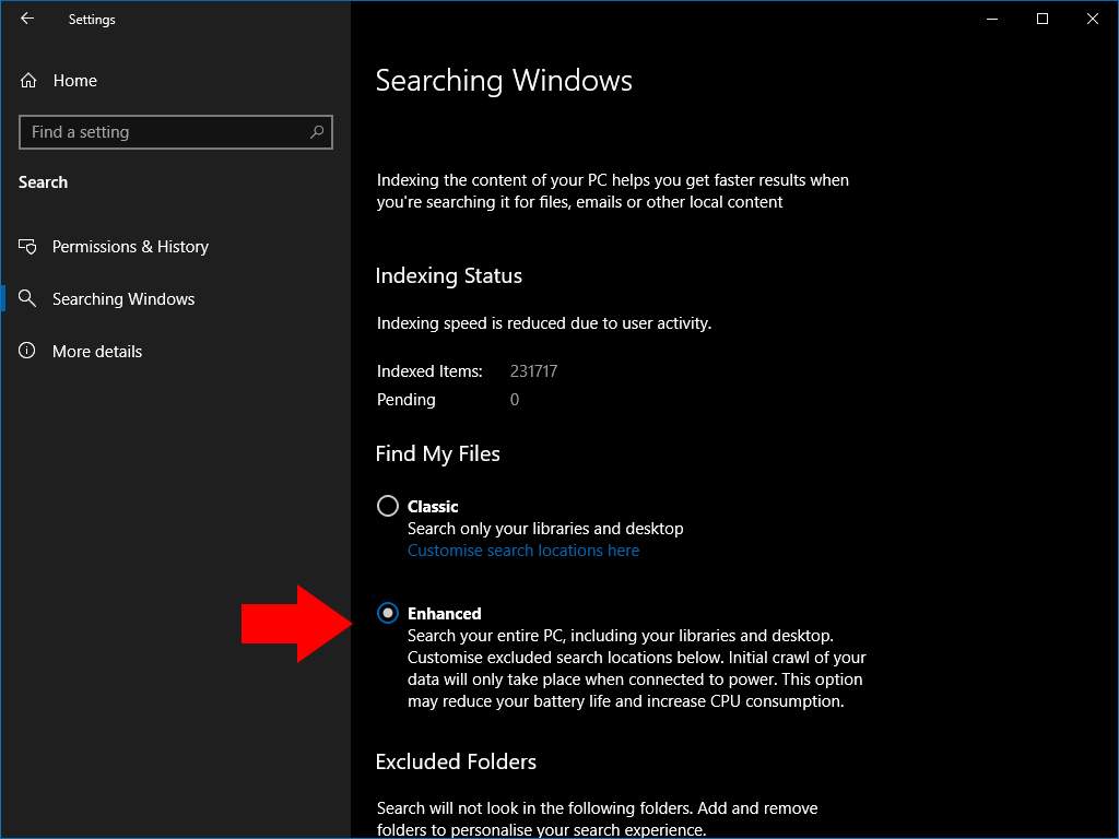 Enhanced Search settings in Windows 10