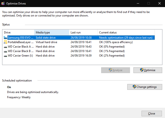 Defragment and optimise drives in windows 10