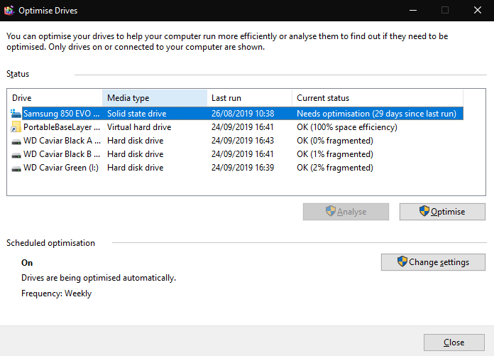 Defragment and Optimise Drives in Windows 10