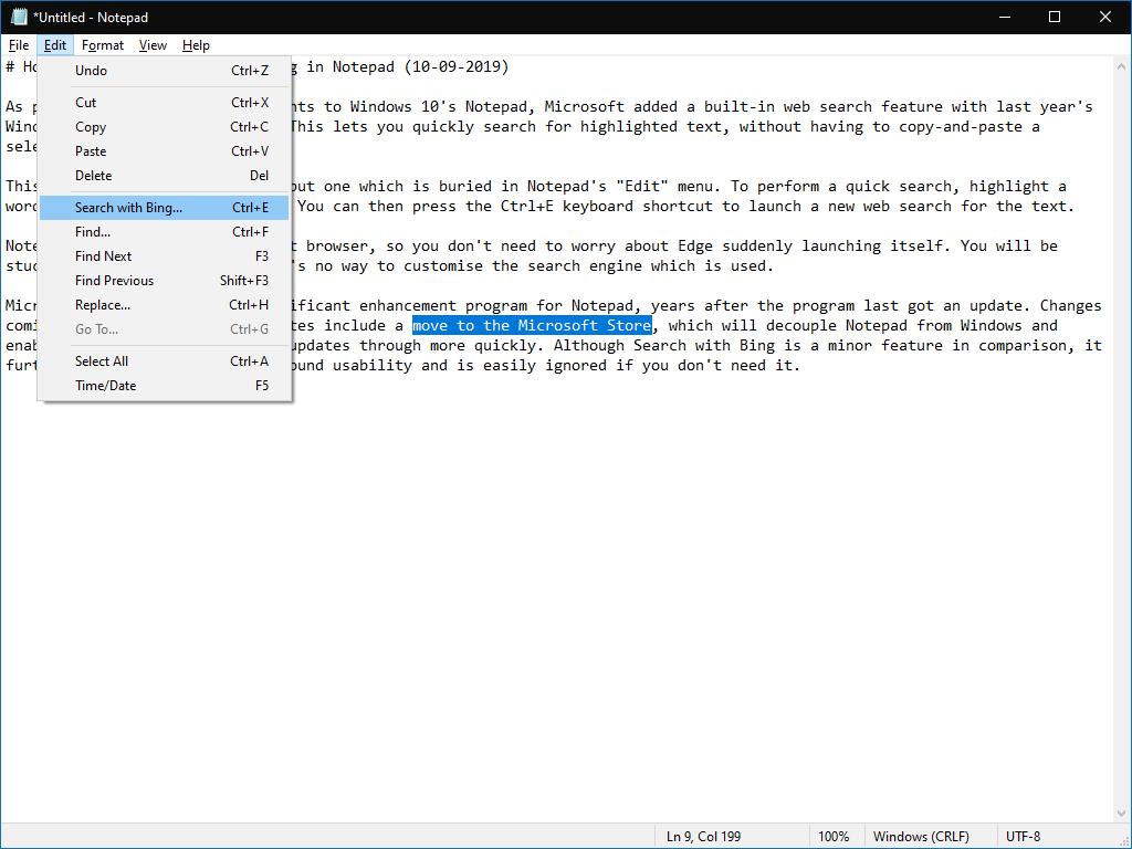 Search with Bing in Notepad
