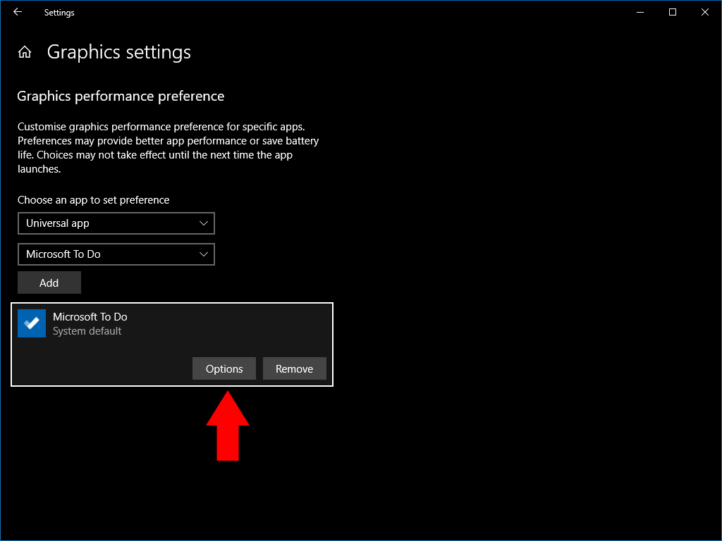 Setting per-app graphical performance settings in Windows 10