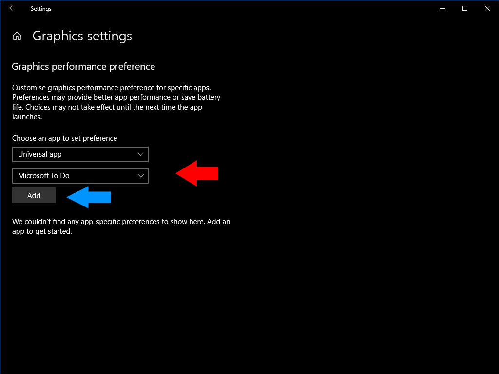 Setting per-app graphical performance settings in Windows 10