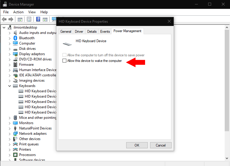Power management settings in Device Manager