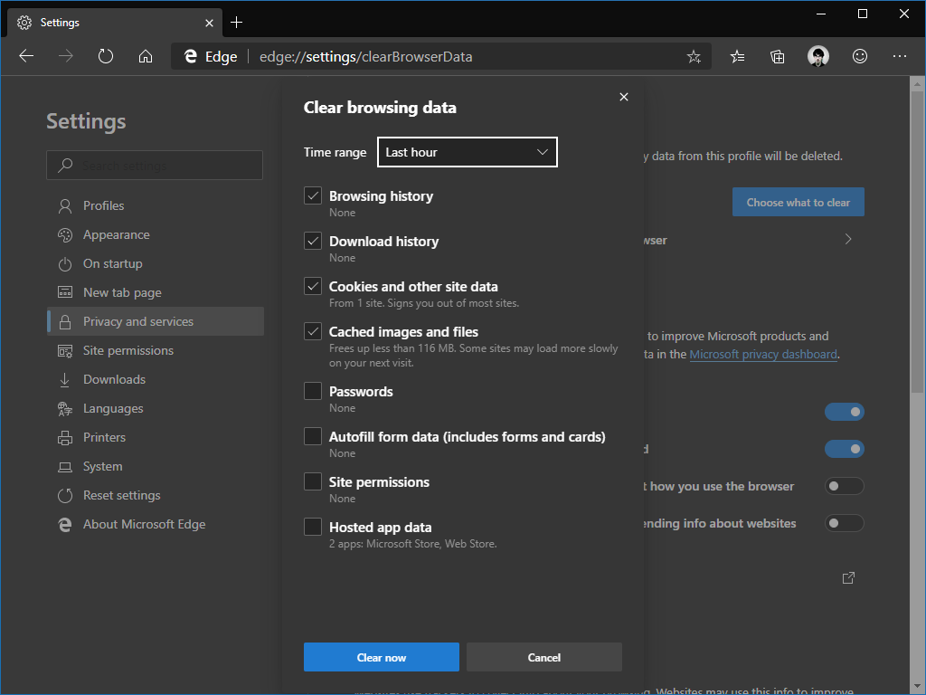 Clearing browser data in Edge Insider