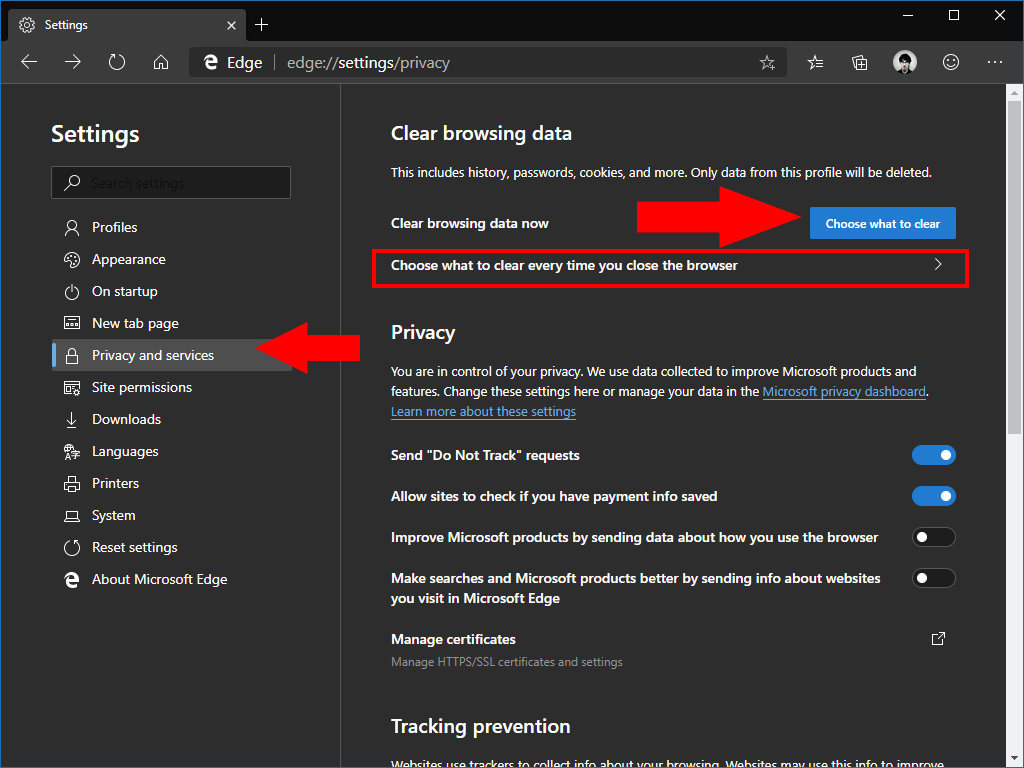 Clearing browser data in Edge Insider