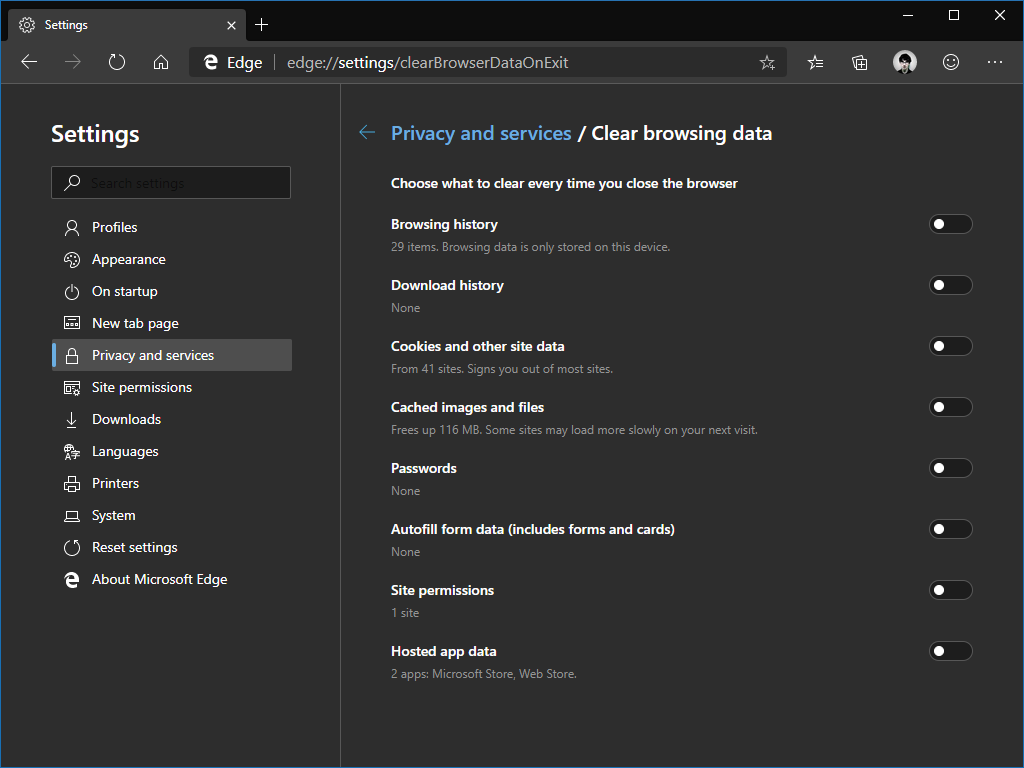 Clearing browser data in Edge Insider