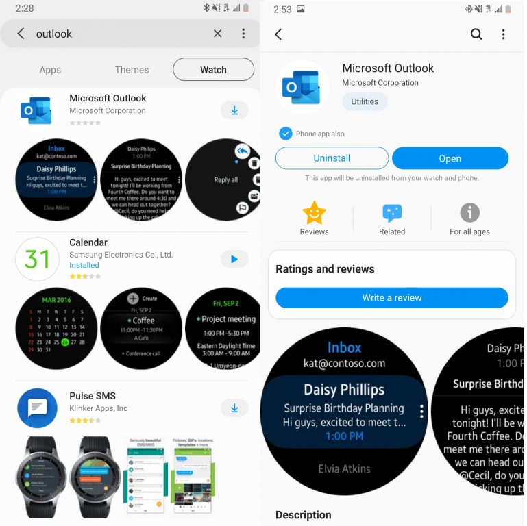 outlook on samsung galaxy watch